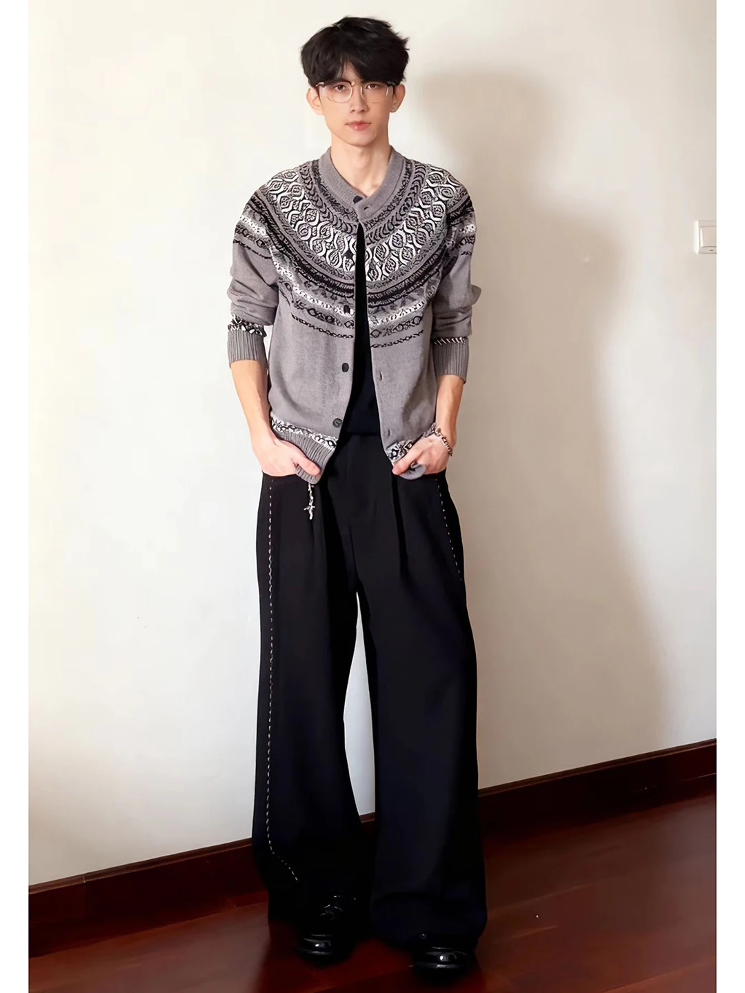 

Мужской вязаный кардиган Deep Grey Fair Isle в американском ретро-стиле на пуговицах, осенне-зимний, мягкий, комфортный, средней толщины