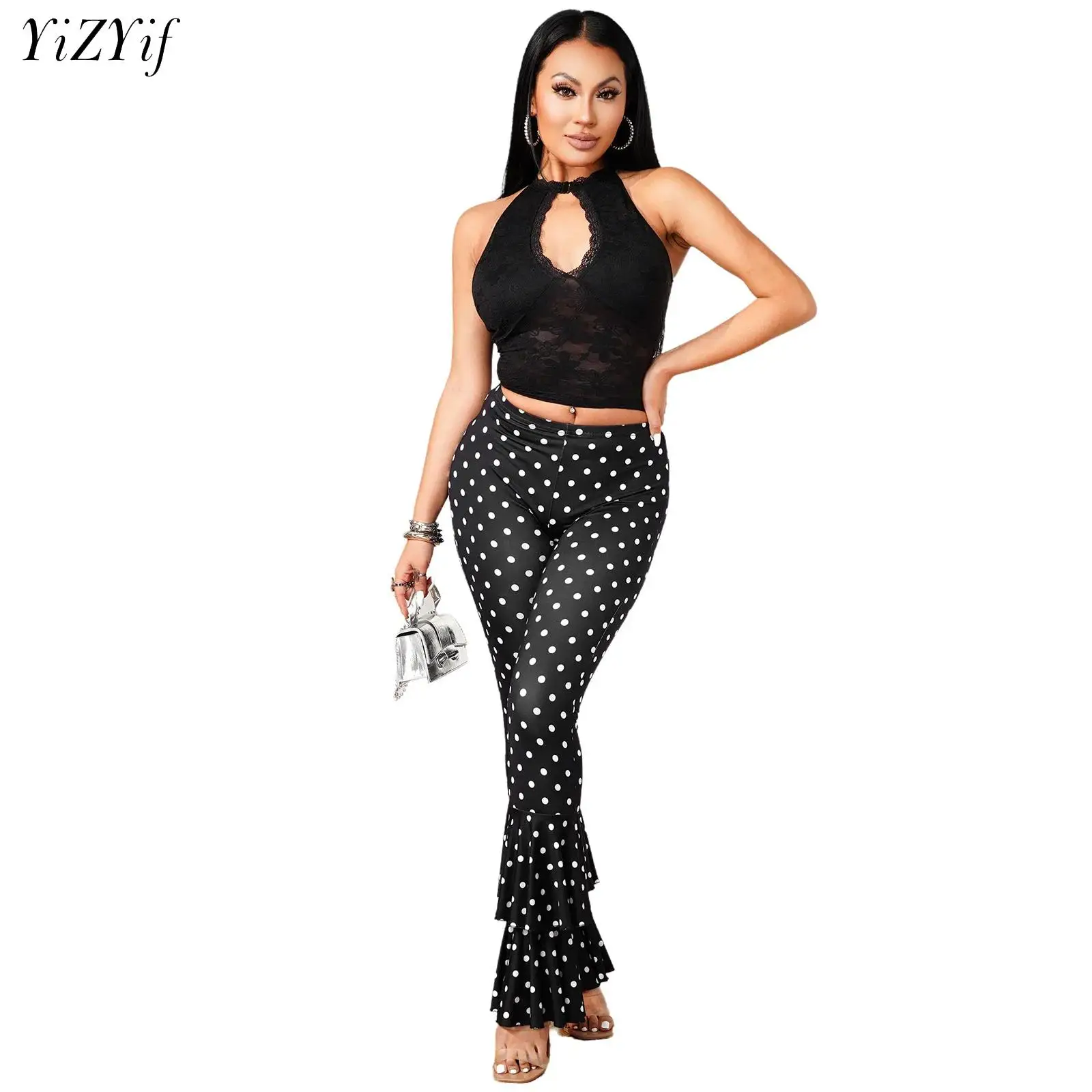 Womens Fashion 2 Piece Set Sleeveless Cutout Lace Crop Tops with Pads Polka Dot Print Ruffled Pants Club Party Y2K Streetwear