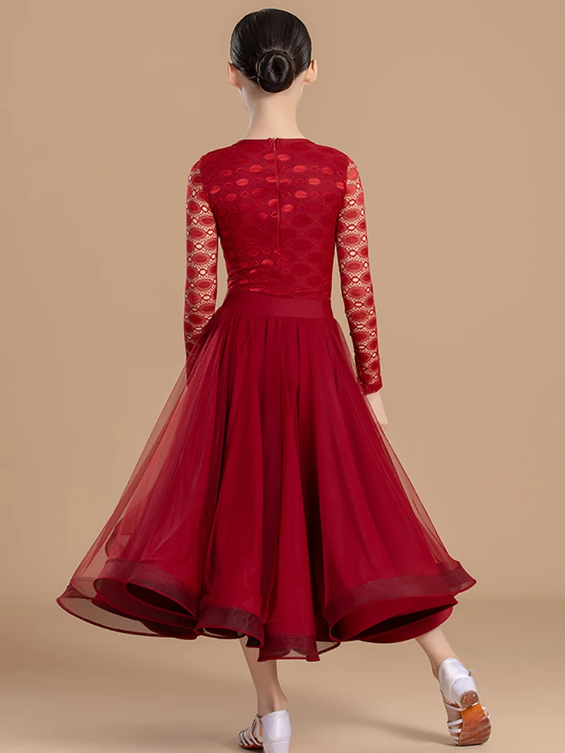 بدلة رقص الفالس الحديثة للأطفال البنات من الدانتيل وتنورة متأرجحة كبيرة وممارسة أداء الرقص