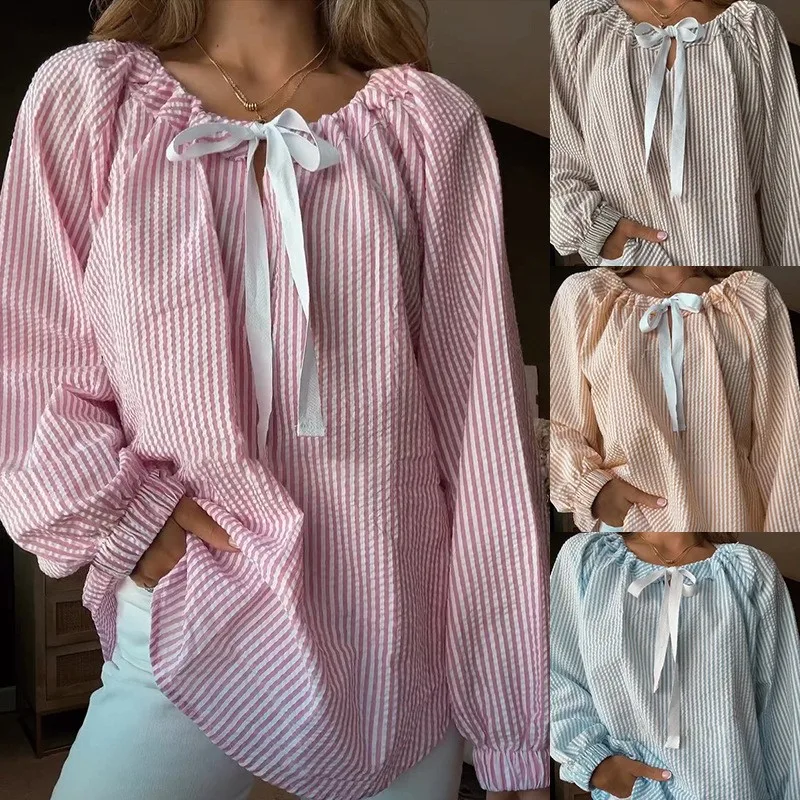 

2025 Autumn And Winter New Style Women's Shirt Elegant And Casual Commuting Chiffon Shirt Striped Lace-up Long-sleeved Top
