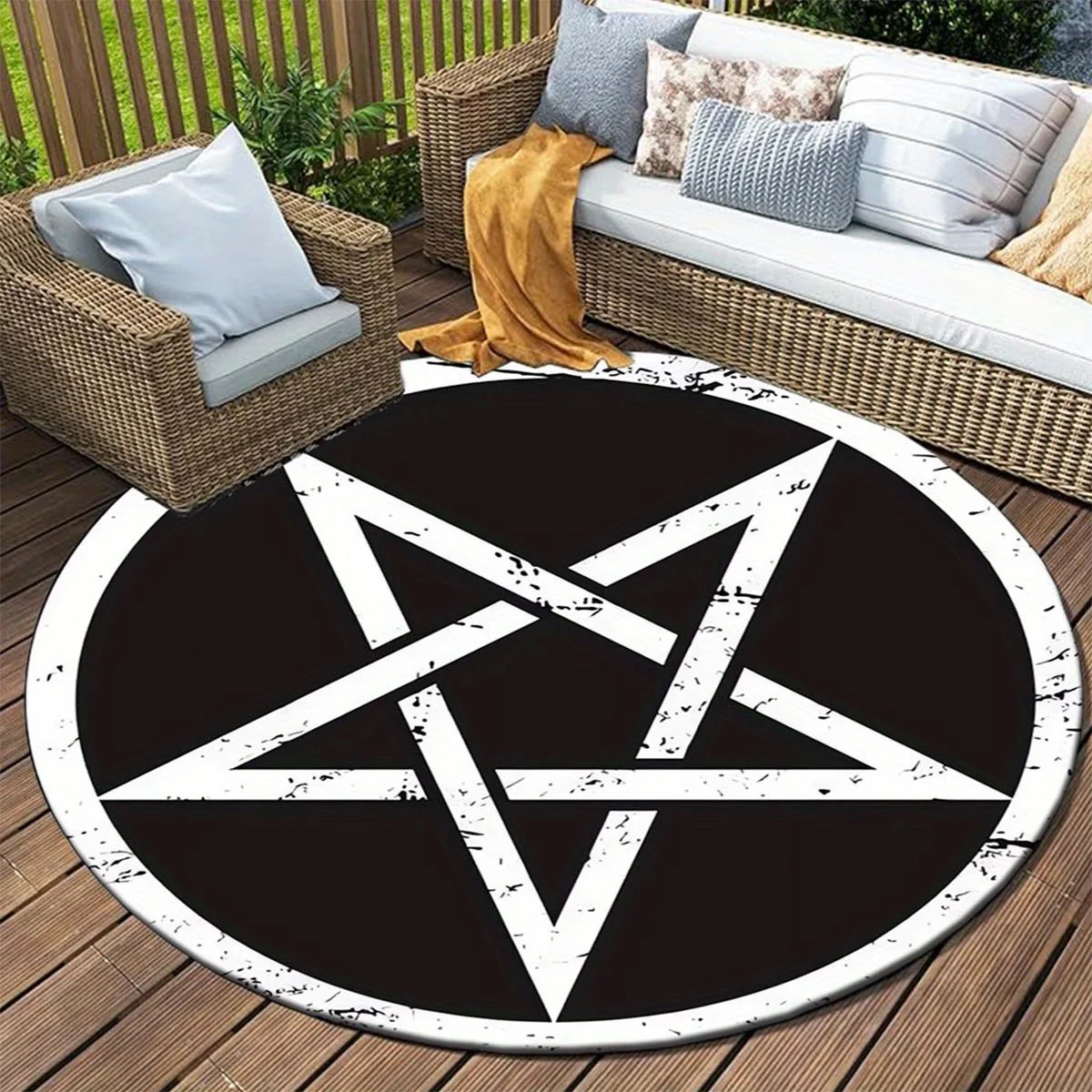 Flannel Printed Round Rug With Pentagram Design For Home Decor Soft Floor Mat Occult Art Theme Gothic Style