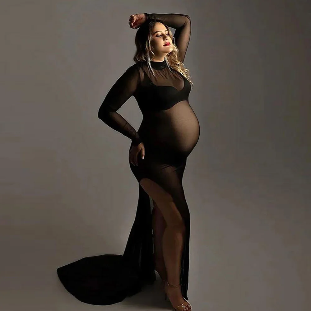 Maternity Mesh Long Sleeve High Slit See-Through Maxi Dress Mock Neck Sexy See-Through Dress For Photoshoot