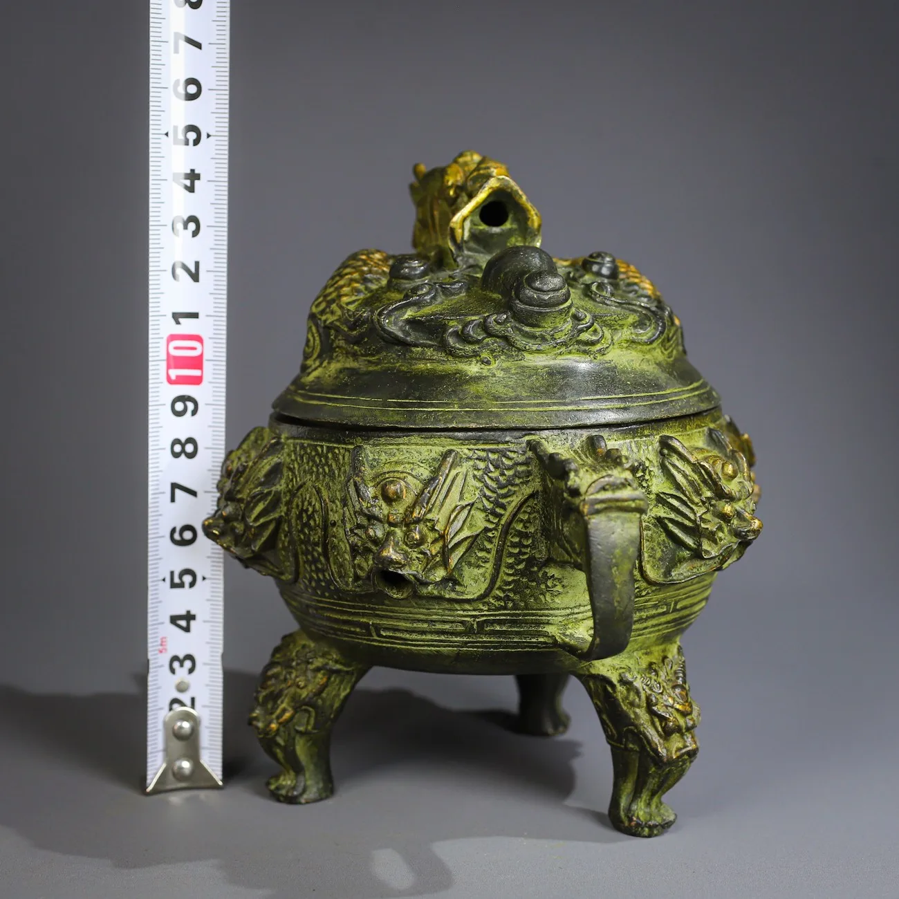 6 "مجموعة معبد التبت نمط التنين النحاسي القديم أذن التنين ثلاثة أرجل مبخرة جمع الثروة الحلي