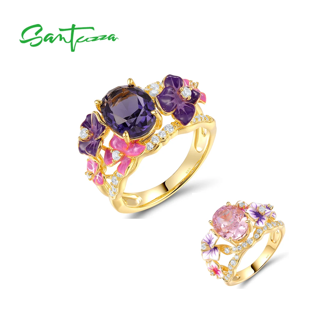 

SANTUZZA Genuine 925 Sterling Silver Statement Ring For Women Purple Blooming Flower Enamel Fashion Lucky Fine Jewelry Handmade
