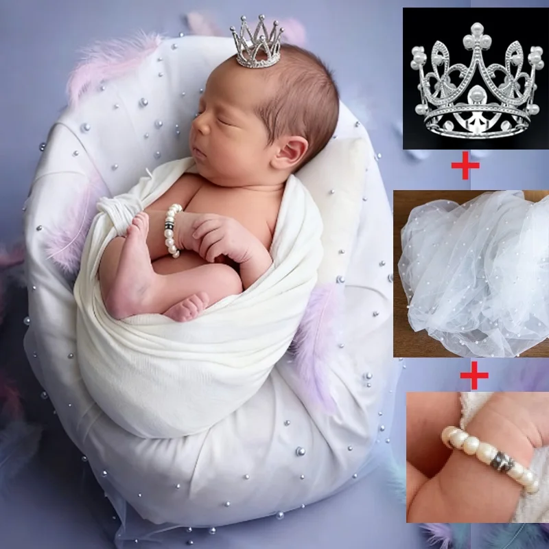 Newborn Photography Props Pearl Beaded Tulle, Soft Baby Wrap Lace Fabric WITH Pearl Crown,Bracelet Set Baby Shower Gift
