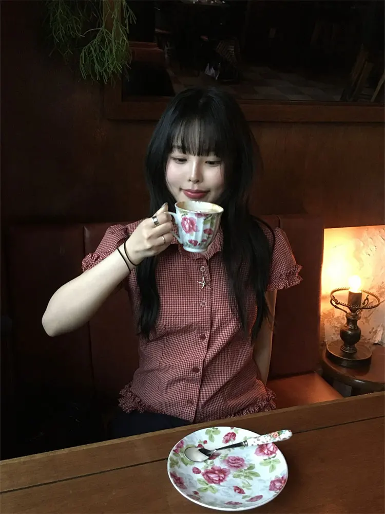 

Корейский повседневный клетчатый ор Све irt, женский летний топ с воротником приталенного кроя Agel irt из полиэстера