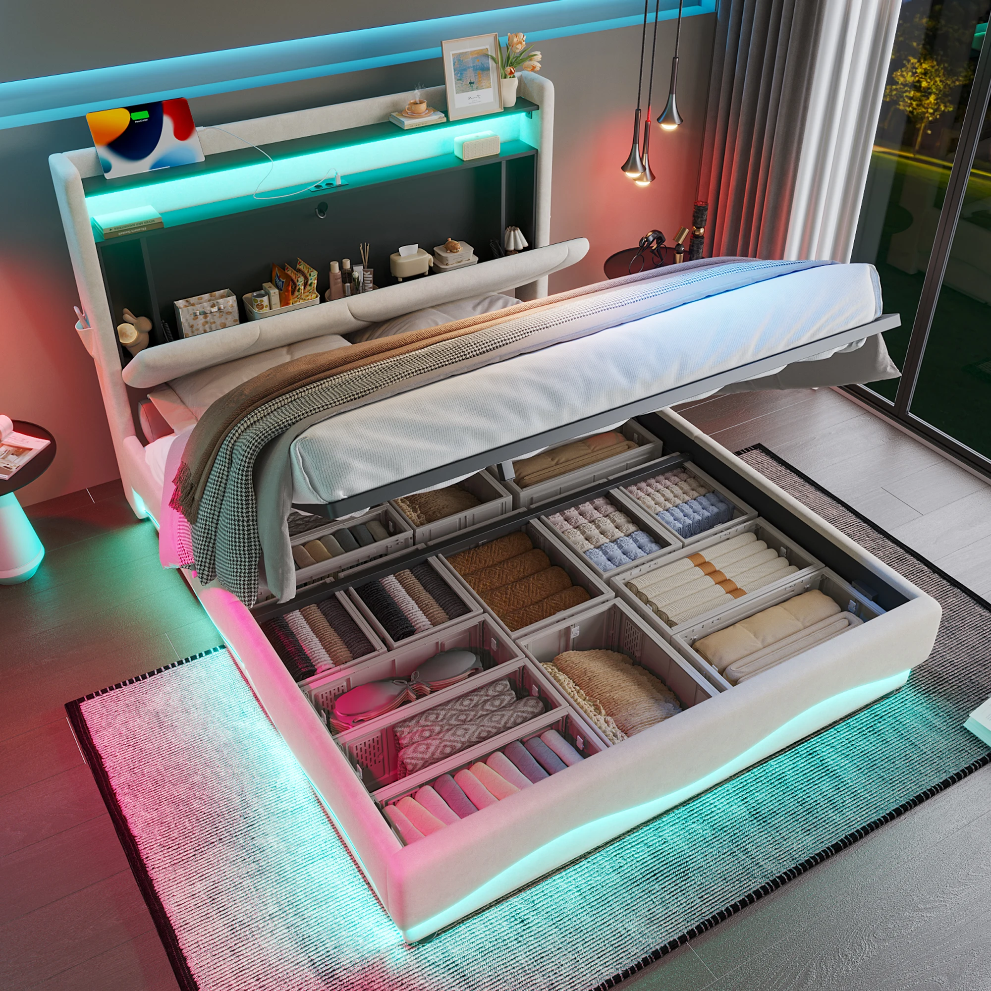 Lit coffre 140 × 200 cm, lit double - LED, USB, Type-C, étagère et poches latérales - sans matelas - en velours - beige