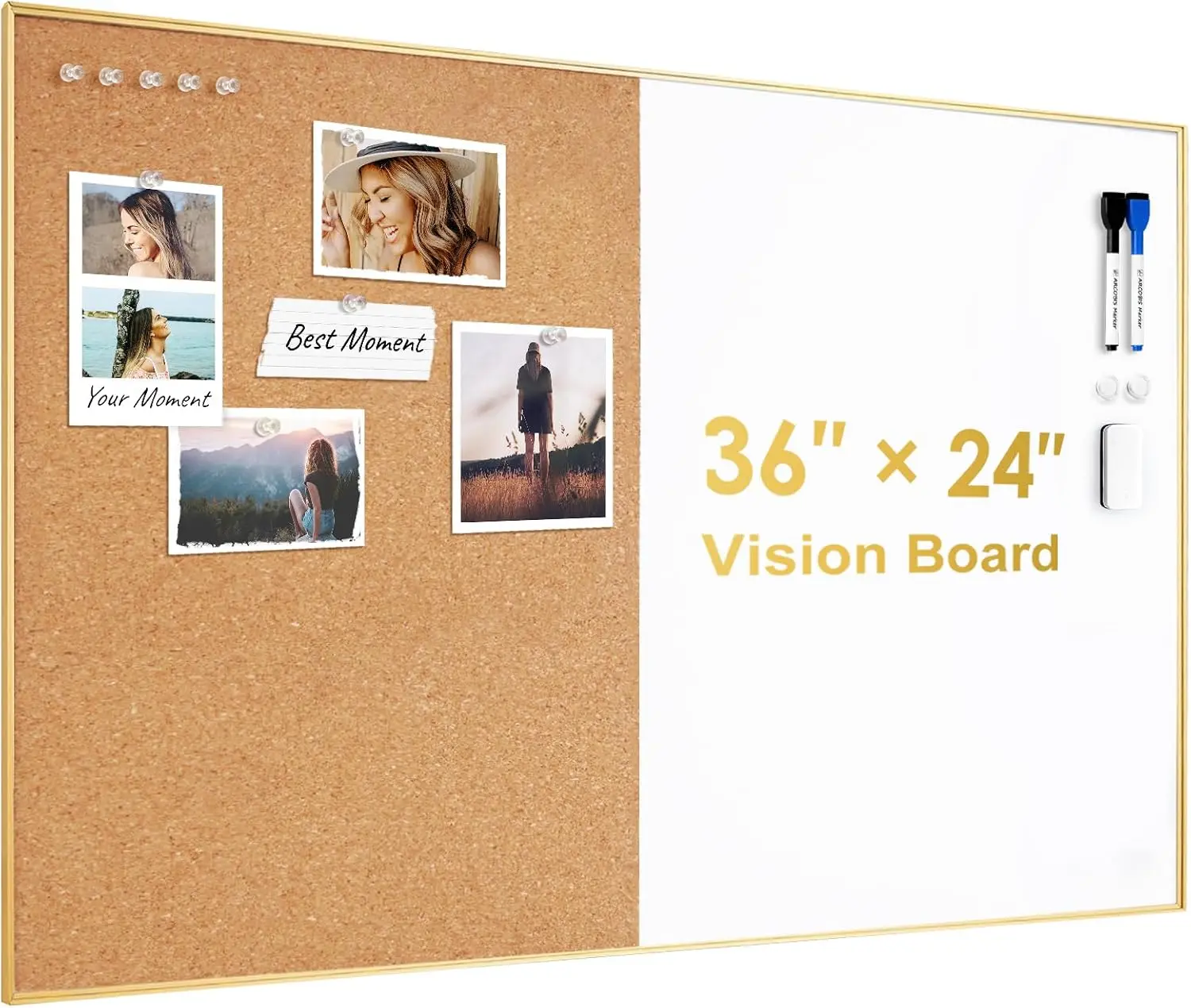 

Cork Board White Board Combo 36x24 Inch Gold Frame, Magnetic Dry Erase & Bulletin Board for Wall, Vision Board for Home Office