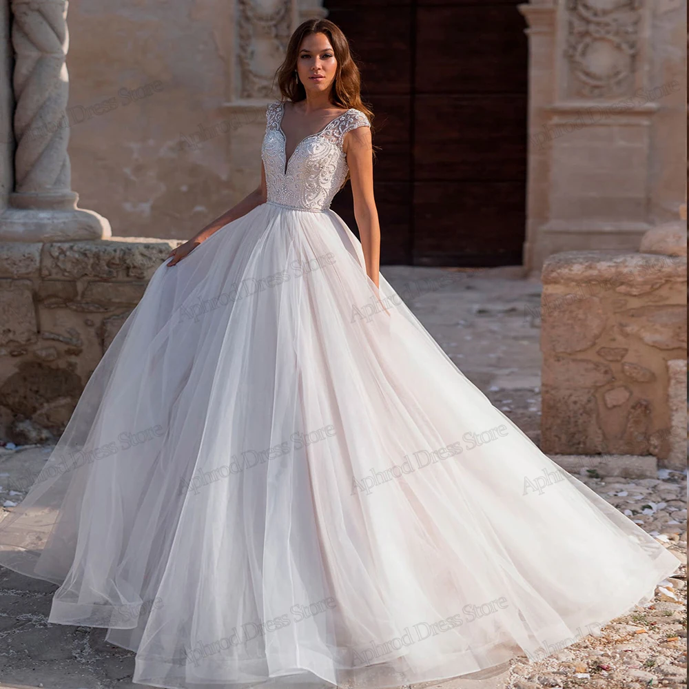 Vintage Wedding Dresses Elegant A-Line Bridal Gowns Lace Appliques Cap Sleeves Tulle Tiered Robes Pretty Vestidos De Novia 2024