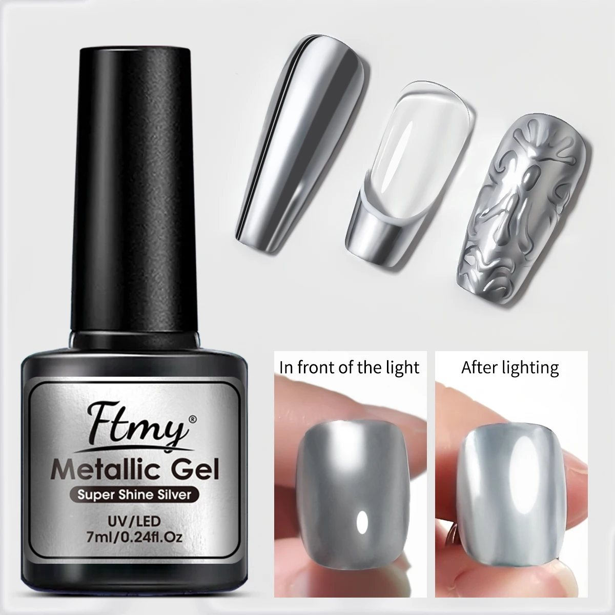 7 ml silbernes metallisches Nail-Art-Gel, hochglänzendes Spiegel-Finish, festes Muster, niedrig allergen, ovale Form, Nail-Art-Kleber für Ped