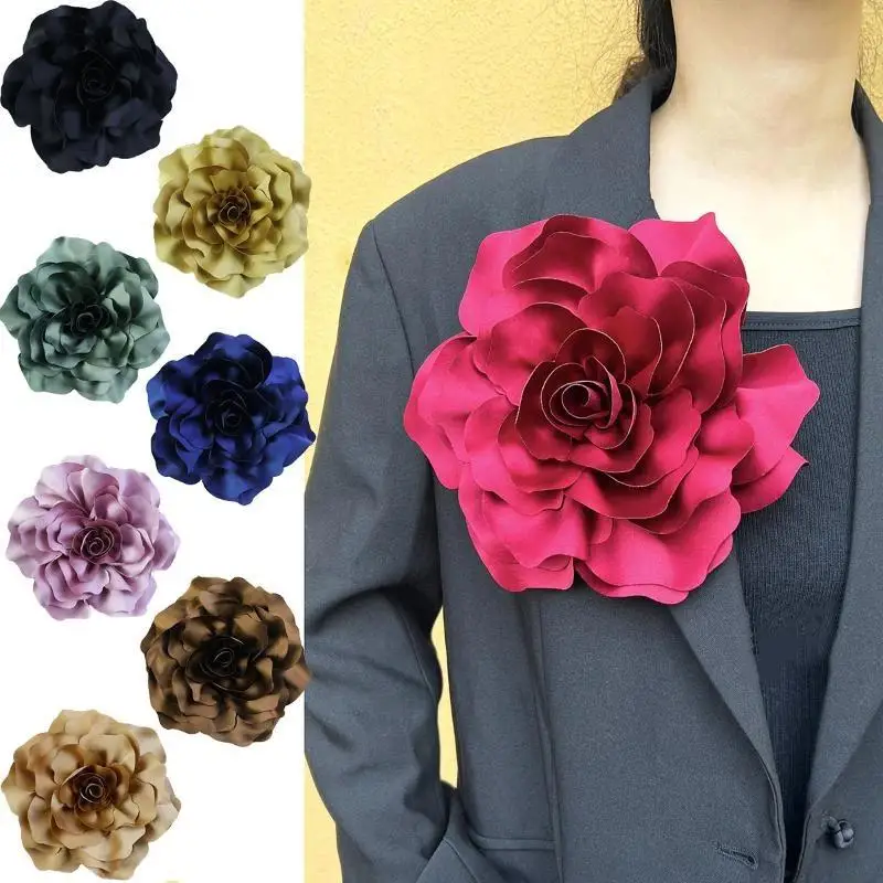 Exaggerated Personalized Flower Brooch 20CM Large Satin Colorful Rose Chest Pin for Women Banquet Gown Decor Fashion Jewelry