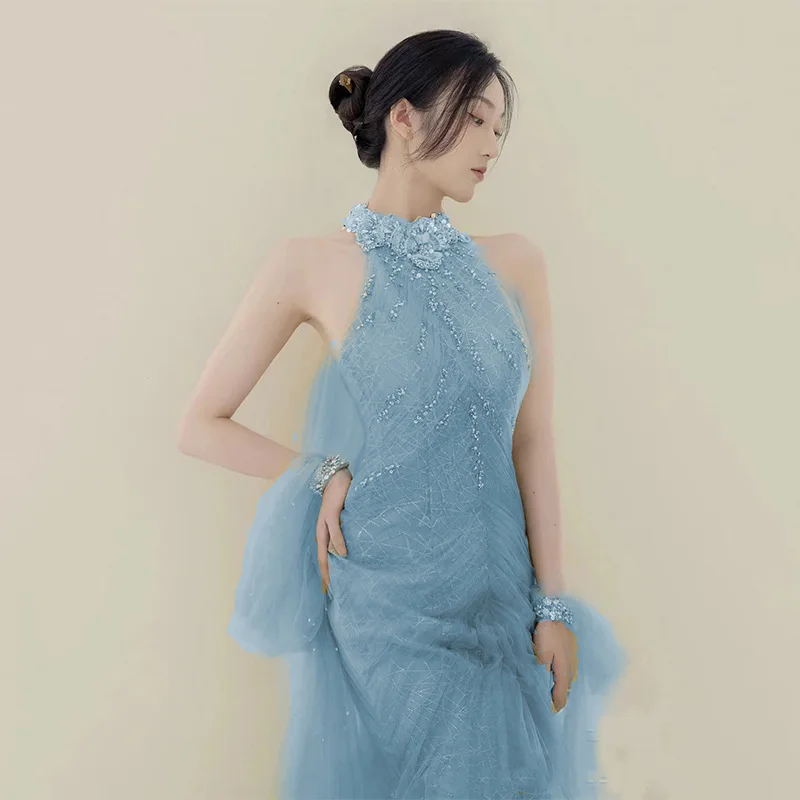 Customizable Luxury Halter Neck Sparkling Beaded Lace A Line Bridal Gowns with Sweep Train
