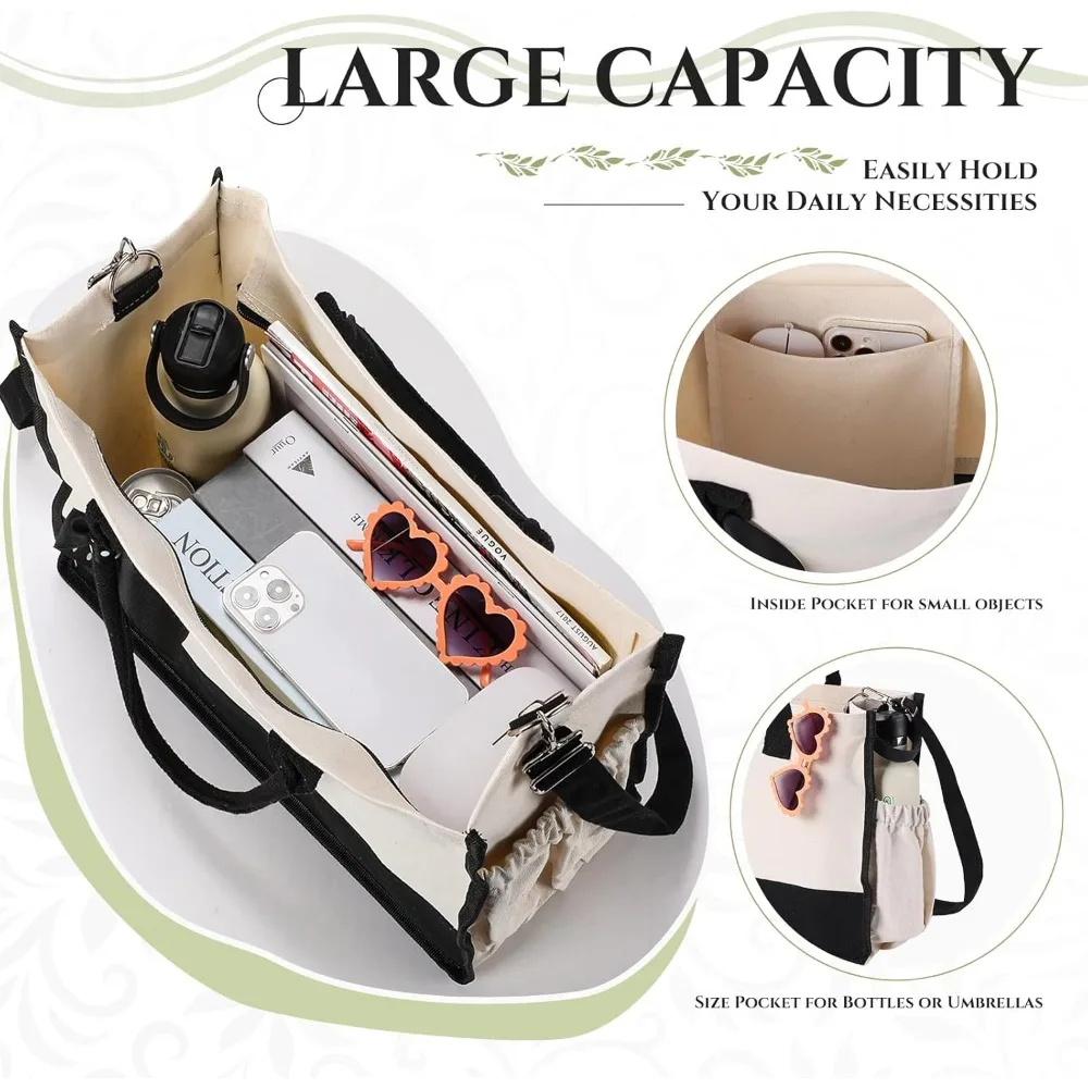 حقيبة قماشية مع أشرطة كتف، 8 عبوات، أبيض وأسود، جيوب بسحاب، مثالية لتسوق البقالة، هدية نسائية، DIY #2