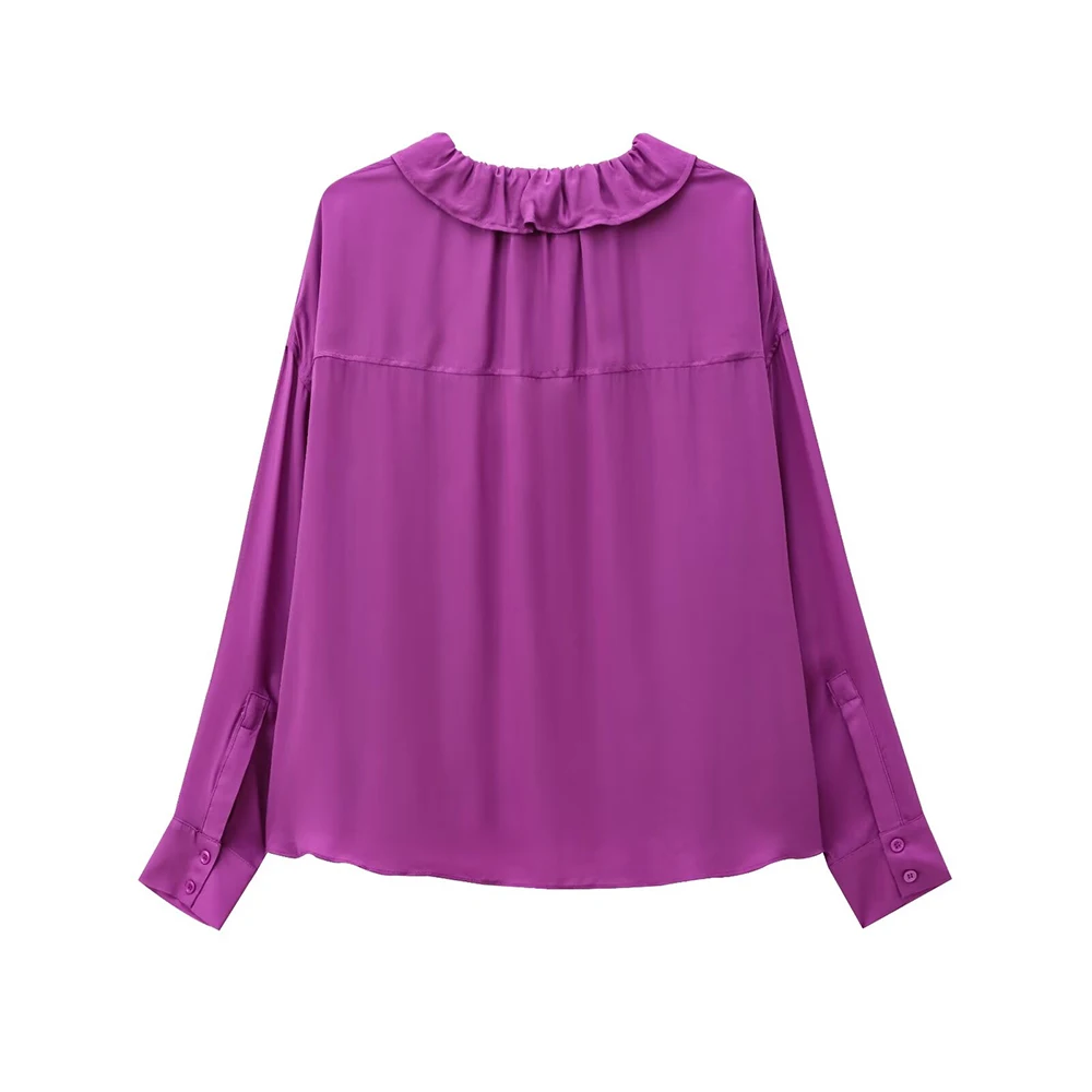 INS Fashion Charming Purple Stacked Frill Design Bow Lace Up Long Sleeves Women Casual Loose Solid Pullover Shirt ZATAF 2024 New