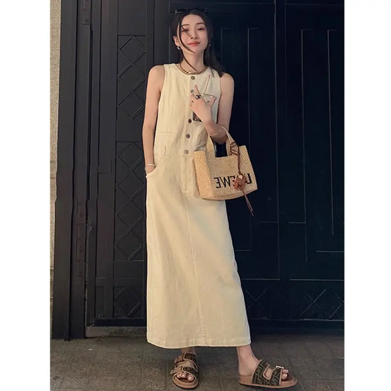 Sans manches 2025 mode gilets hauts Robe longue trajet col en V solide chemises décontractées Femininas femmes élégant boutonné longue Robe Wh1