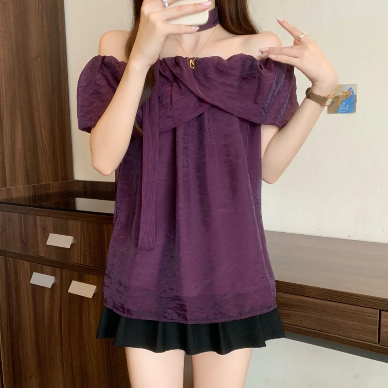 

French Off Shoulder Halter Neck Purple Chiffon Short Sleeve Blouse Women Summer Flirty Casual Chic Top