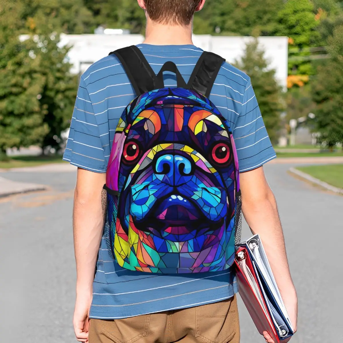 Stained Glass Art Colorful Dog Pug Dog Backpack Student BookBag Children School Bag Computer Shoulder Bags for Boys Girls