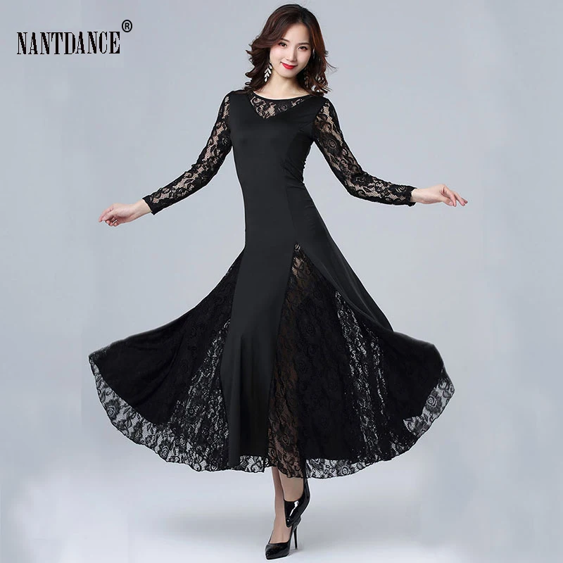 Women Standard Ballroom Dance Dresses Waltz Costumes Lace Sleeve Flamenco Dancing Dress Women Stage Waltz Dress Tango Dance Wear