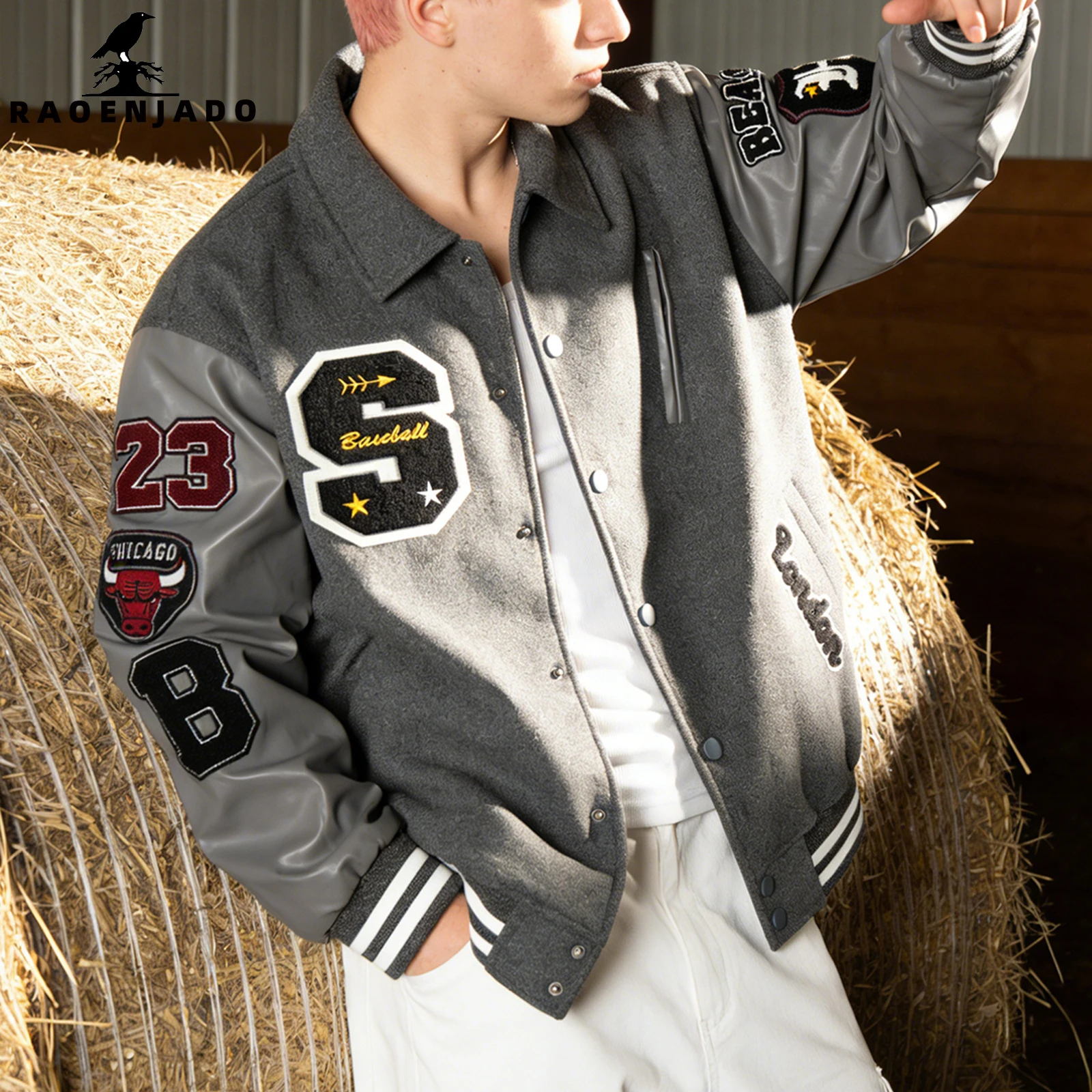 Men's Letterman Jacket Vintage Varsity Coat Patchwork Baseball Streetwear Outerwear with Faux Leather Sleeves & Fine Embroidery view 2