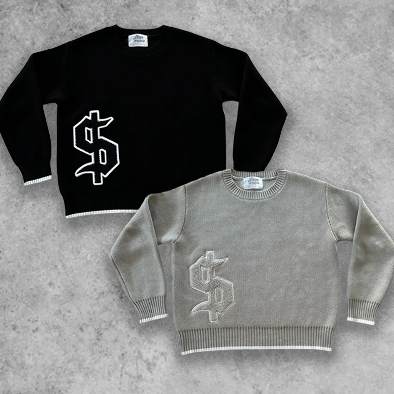 

Men Full Sleeve Round Neck Oversized Sweater Y2k Dollar Gothic Embroidery Knitted Loose Pullover Daily Street Commute Outfits