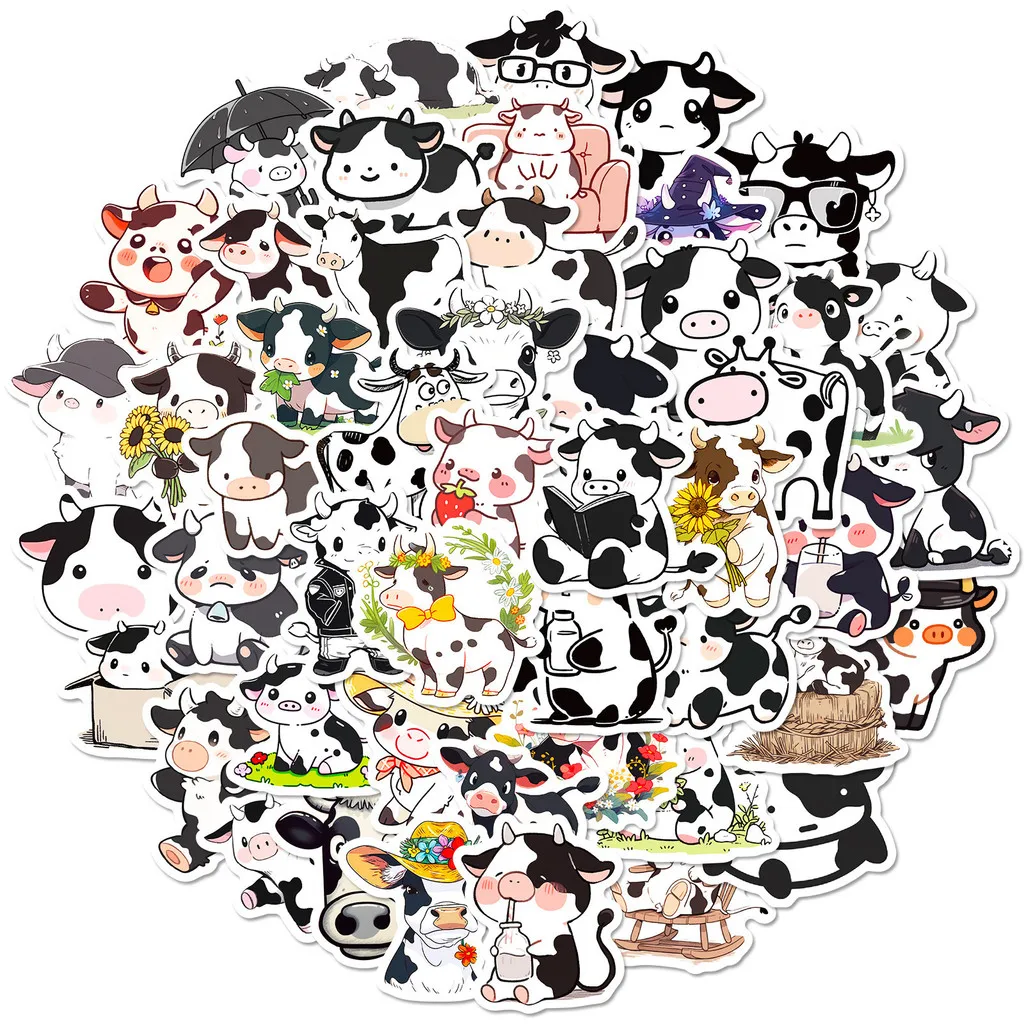 50Pcs Cute Black‑White Cow Stickers, Ins‑style Creative Expression Decals Unique DIY Embellishments Golden Memory Stickers Store