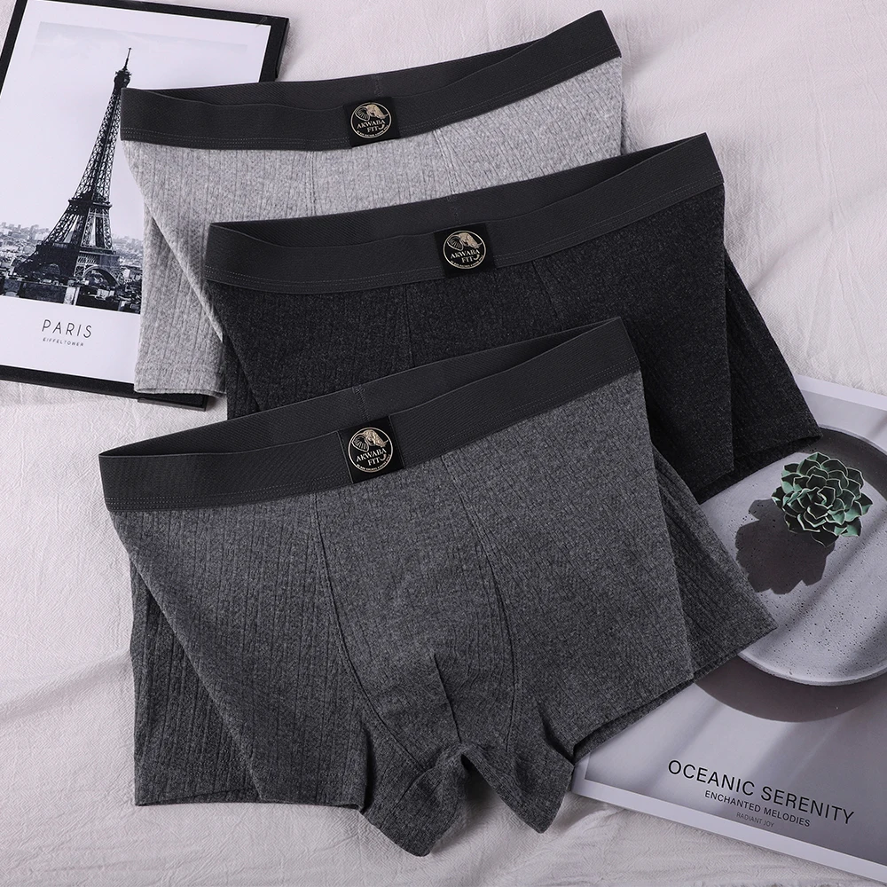 3PCS/Pack 100% Cotton Solid Knit Striped Underwear for Man Soft Comfortable Breathable Crotch Boxer High Elastic Men's Panties