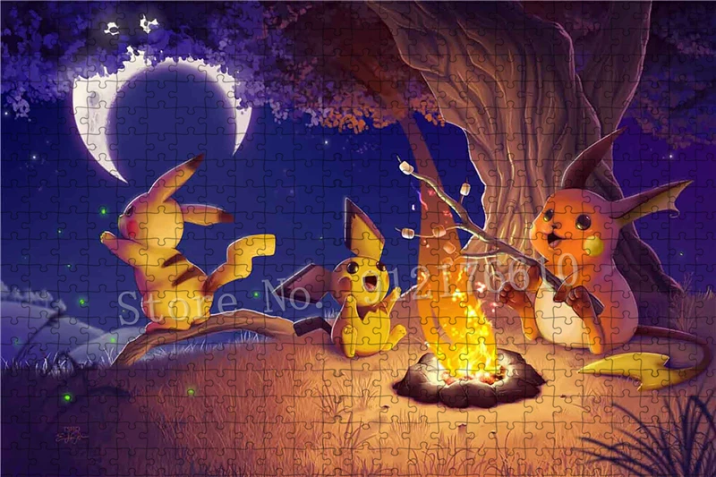 Pikachu In The Moonlight Lagerfeuer Puzzles für Kinder 300/500/1000 Teile Pokemon Puzzle Dekomprimiertes Spiel Geschenke Dekoration