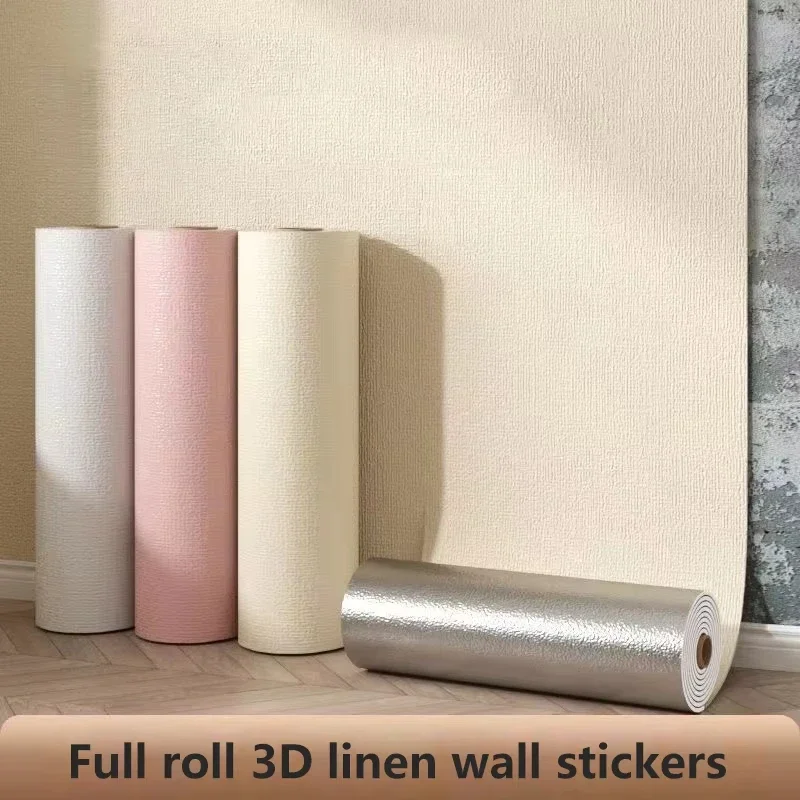 50cmX2.8/10m Linen 3D Foam Wallpaper Self-adhesive Color Waterproof Background Wall Renovation Wallpaper Wall Sticker Home Decor