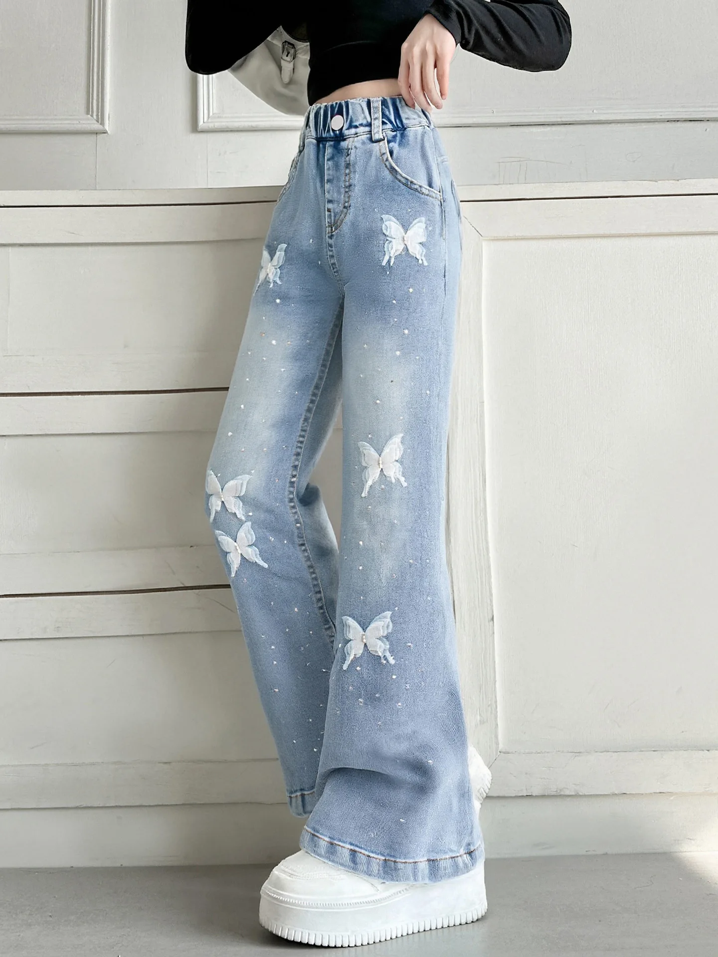 Teen Girls Rhinestone Micro-Flare Jeans | 3D Butterfly Embroidered Bell-Bottoms | 2026 Summer New Arrival | Summer Long Pants