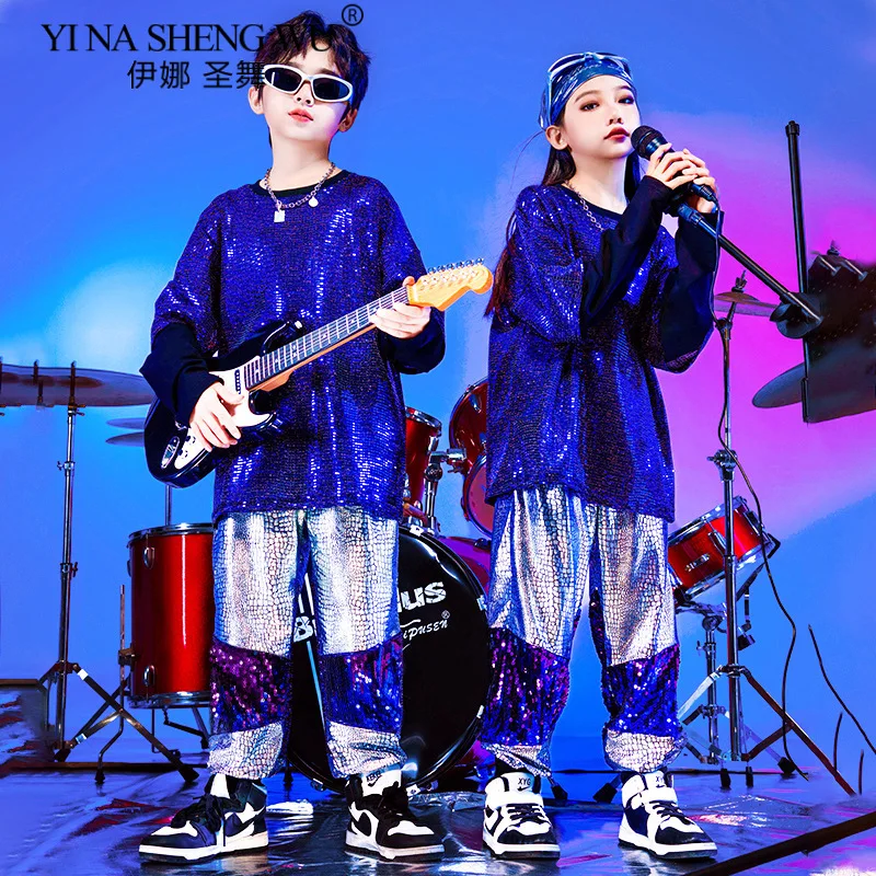 Childrens Hip Hop Dance Outfits Boys Girls Street Performance Costume Cool Stage Wear Sparkle Sequin New Year Party Clothing