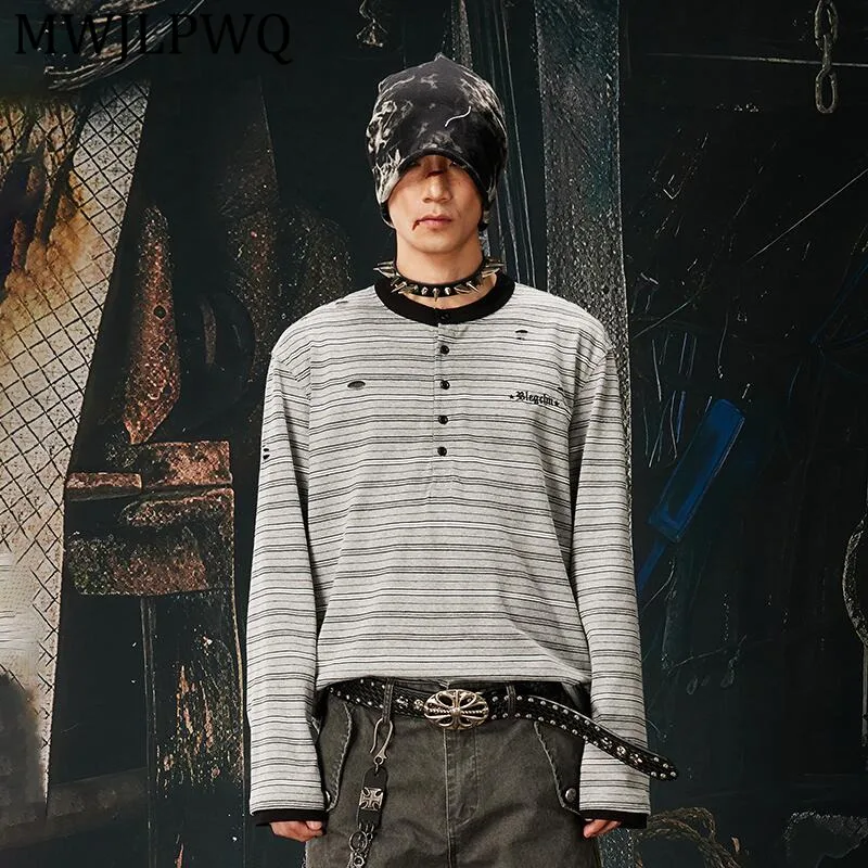 

MWJLPWQ Round Collar Striped Men's T-Shirt Distressed New Vintage Long-Sleeve Unisex Loose Spring Autumn Casual Tops Chic 13541
