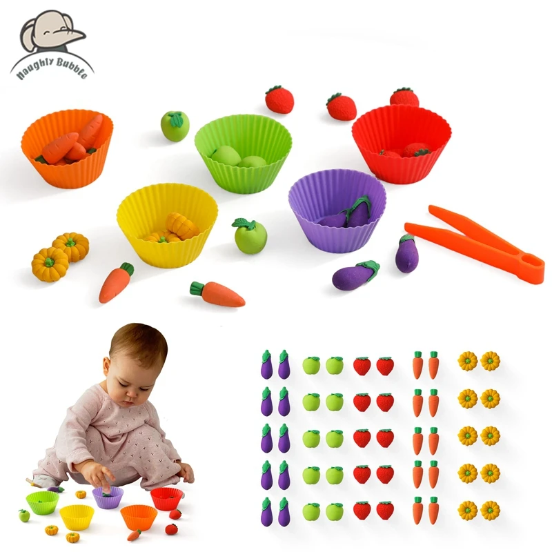 Juguete sensorial educativo para niños, Material Montessori, arcoíris, fruta, matemáticas, clasificación de colores, vegetal