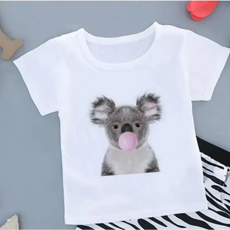 Fashion T Shirt Baby Sloth Blowing Pink Bubbles Cartoon Print Girls Boys Kids Short Sleeve Cute Kawaii White Clothes