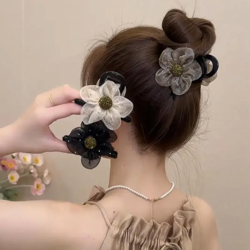 

Female Premium Disc Hair Shark Clip Mesh Rhinestone Flower Grab Clip Hair Clip Claw Clamp Headwear Girls Women Hair Accessories