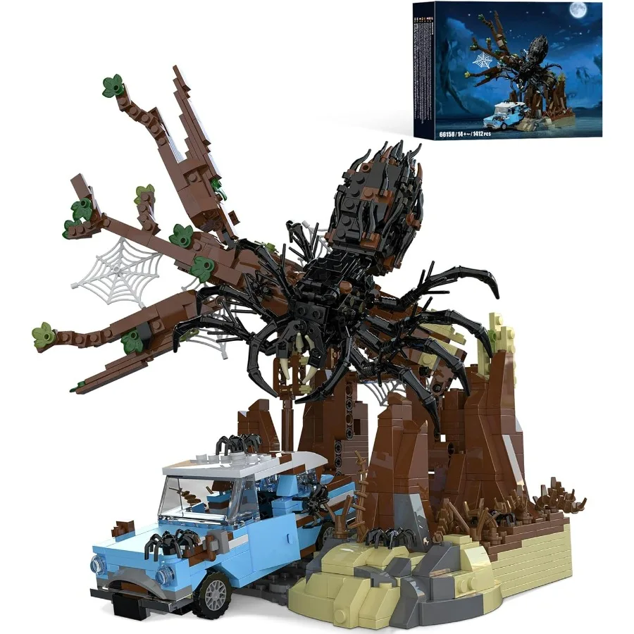 

Набор для сборки «Зачарованный лес» с гигантским пауком и проезжающим транспортом, 1412 деталей, коллекционный конструктор для взрослых в стиле фэнтези