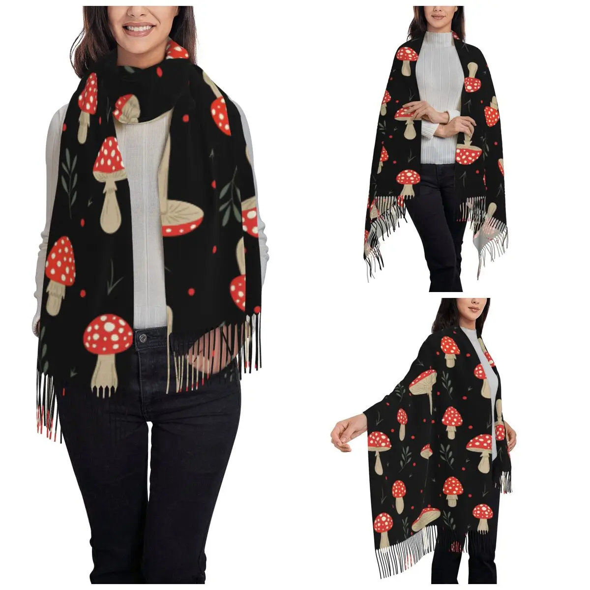 Cute Mushrooms Scarf for Women Warm Winter Shawl Wrap Single-sided Pattern Scarves with Tassel Ladies