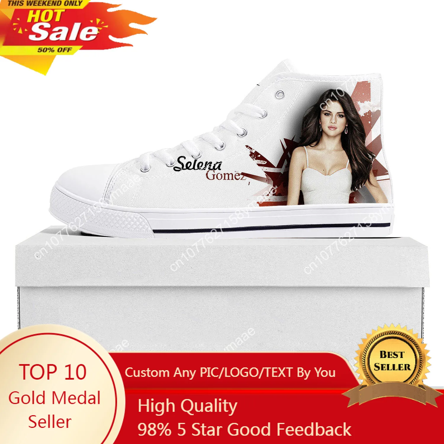 Selena Gomez High Top Sneakers Mens Womens Teenager Canvas High Quality Sneaker Casual Custom Made Shoes Customize Shoe White