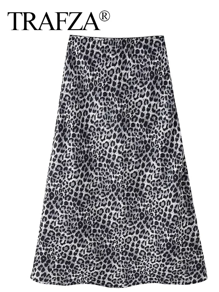 TRAFZA Women's Chic Casual Leopard Print Midi Skirts Summer Fashion Vintage Street Hem Folds High Waist Zipper A-Line Skirt Y2K