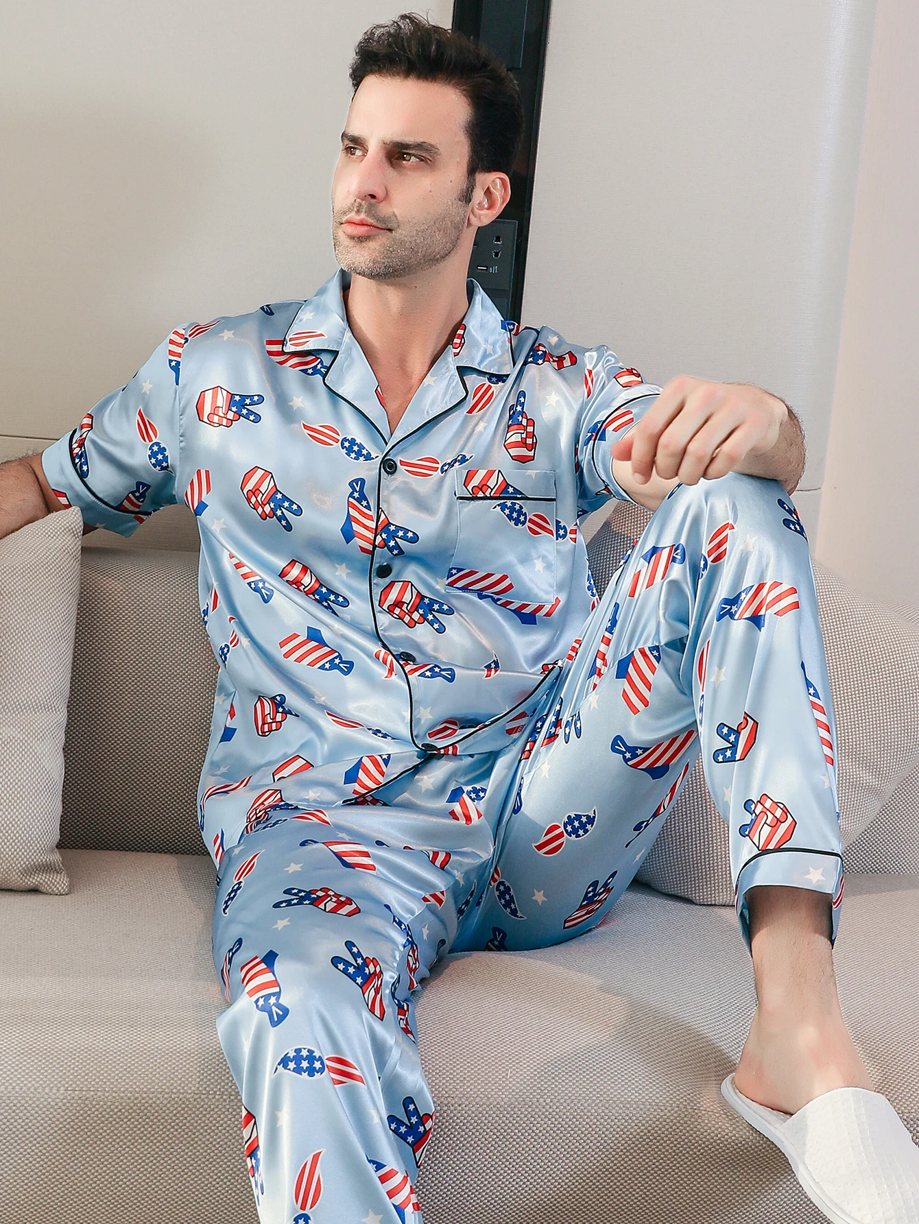 Conjunto de pijama de dos piezas para hombre pantalones de manga corta de verano ropa de casa con estampado de gestos de mano ropa de dormir