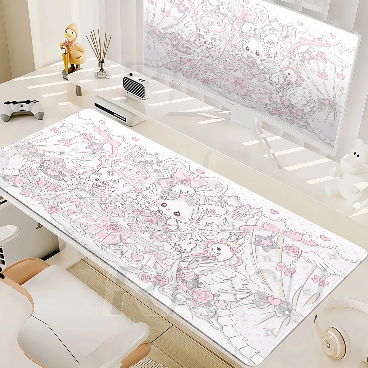 Anime Desk Pad Cute Dance Pink Bunny Mouse Pad Kawaii Rabbit Office Decort Desk Mat Rubber Non-Slip Tablepad Game PC Accessories