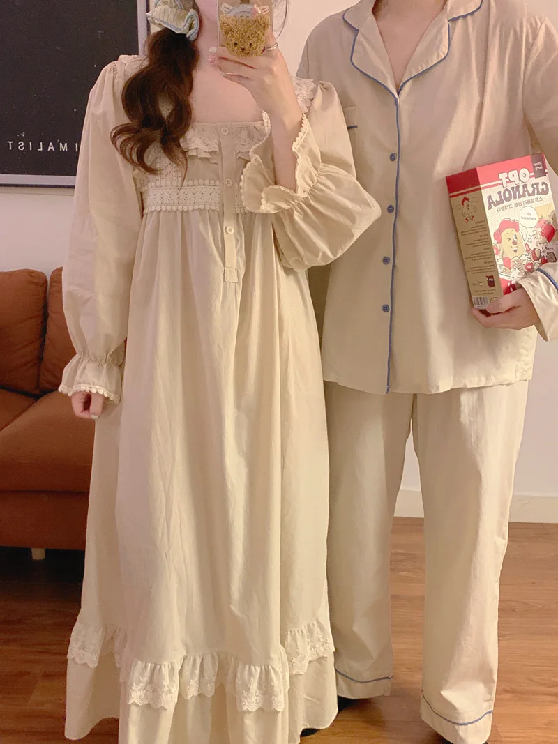 Couple Lovers Autumn Pajamas Set Women Lace Square Collar Nightgown Loose Soft Cotton Shirts + Trouers Home Suit Vintage Casual