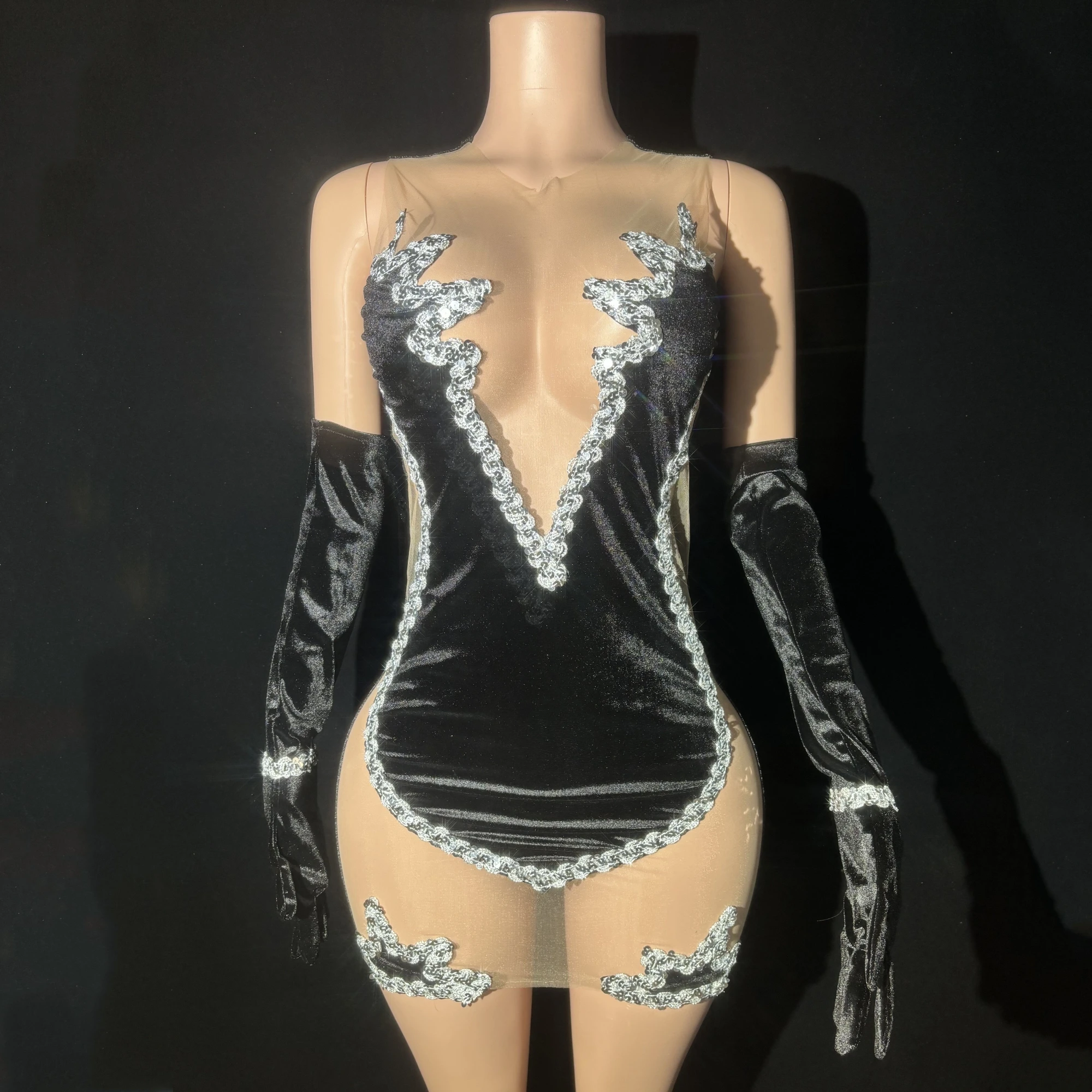 

Black Velet With Gloves Sexy See-Through Sheath Mini Dress Evening Party Nightclub Performance Costume Bar Singer Stage Wear