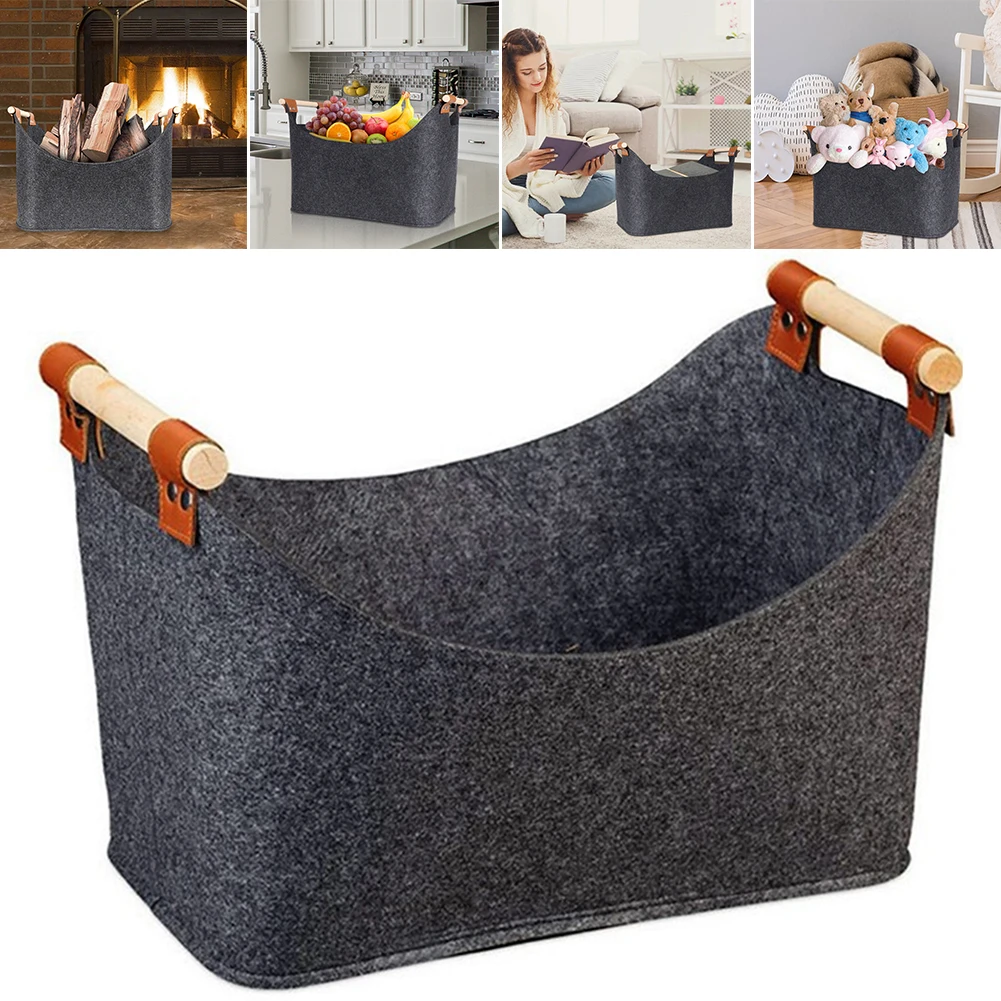 45 X 32 X 40 Cm 57 L Firewood Box Felt Basket with Wooden Handles Large Capacity Foldable Wood Basket for Fireplace & Wood Stove