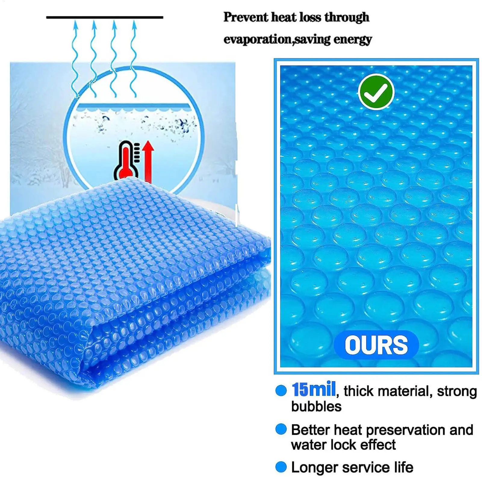 Couverture solaire ronde isolante pour piscine, accessoires de couverture thermique pour piscine, idéale pour les communautés, hôtels, complexes hôteliers, appartements et espaces extérieurs.