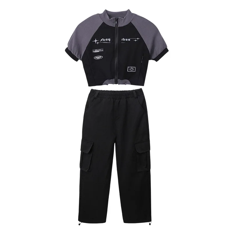 Kid Cool Hip Hop Clothing Zip UP Crop Top Short Sleeve Shirt Black Casual Cargo Pants for Girls Boys Jazz Dance Costume Clothes