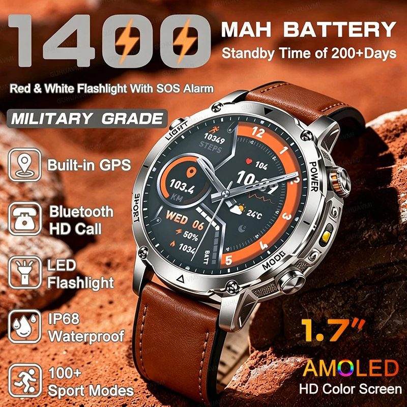 Reloj inteligente T-Rex 3 Military con batería grande de 1400mAh para hombre, GPS, pantalla AMOLED de 1,7 pulgadas, resistente al agua IP68, linterna SOS, llamadas HD, relojes deportivos