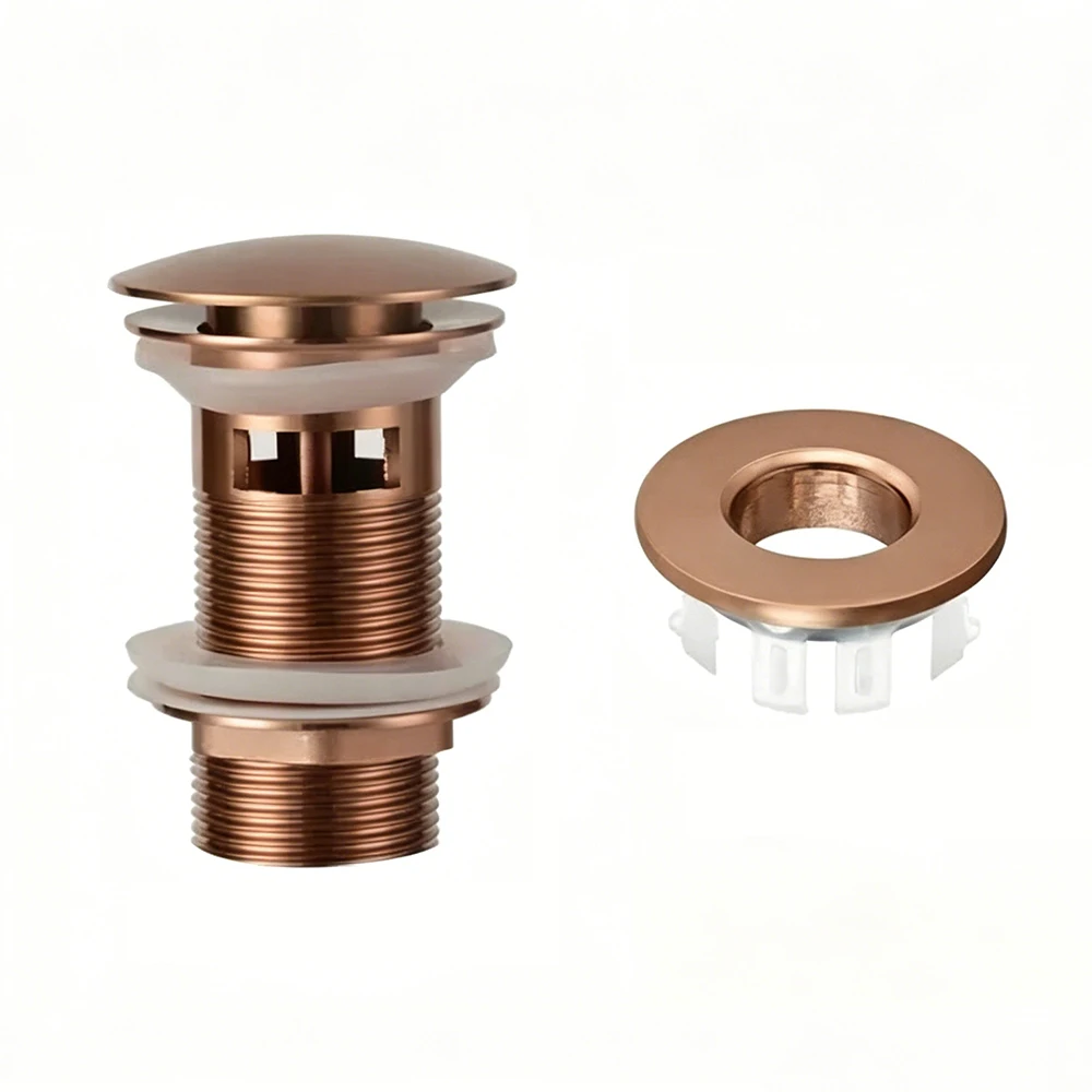 Bathroom sink pop up click waste drain and water overflow hole cover kit, solid brass basin accessories brushed rose gold