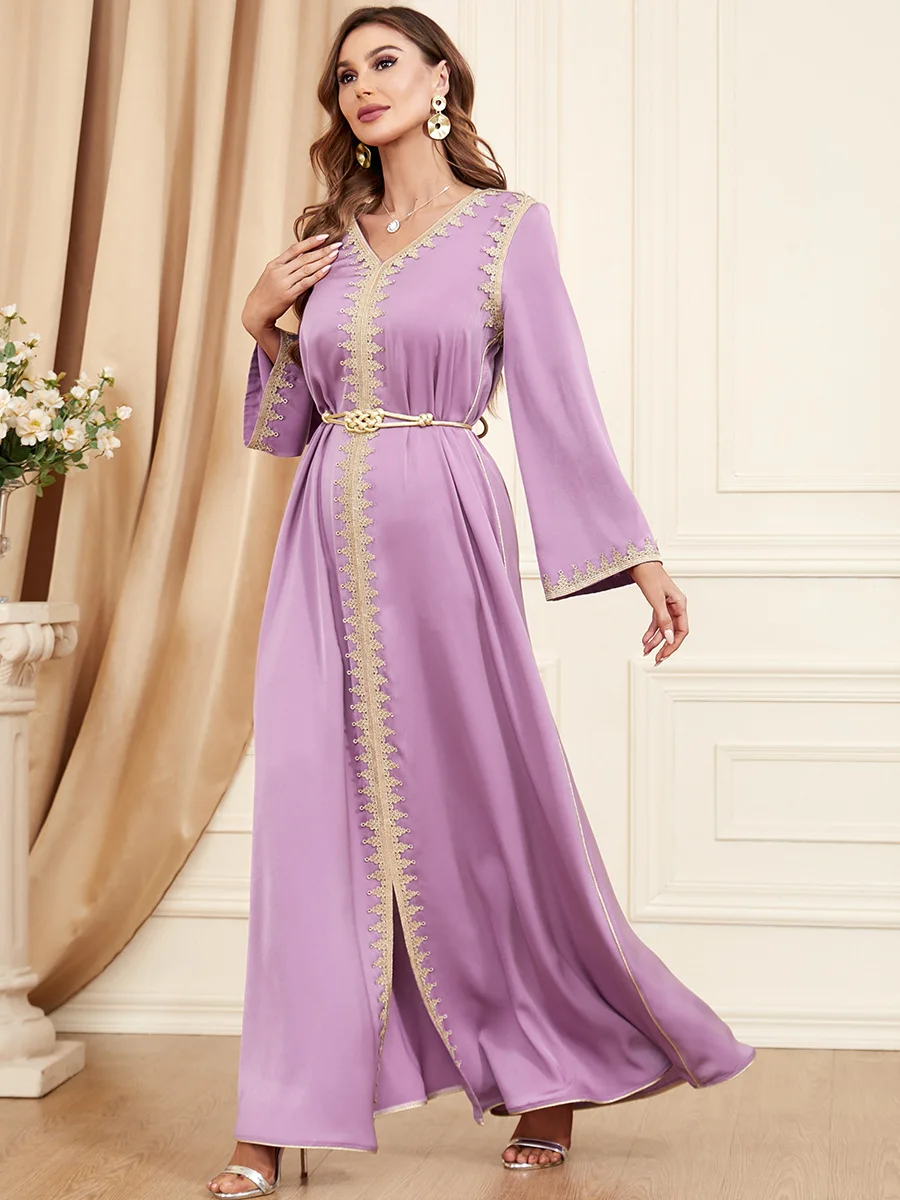 Middle Eastern Arab Muslim Graceful Women Autumn Winter Abaya Dress Full Sleeves Satin Belt Elegant Dubai Kaftan Robe Gowns