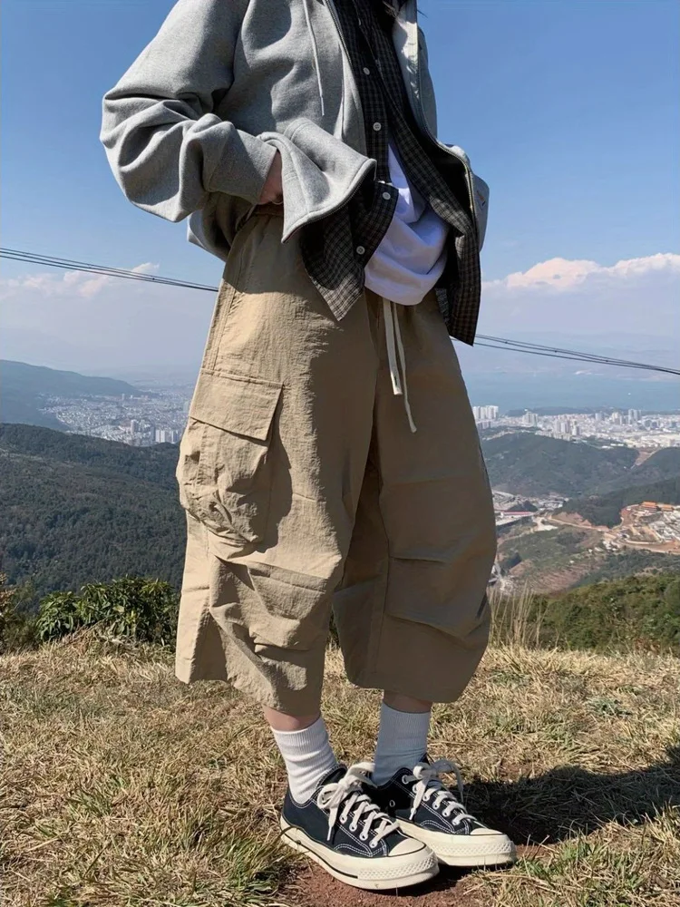 

Легкие повседневные брюки-кюлоты свободного кроя, универсальные плиссированные брюки на шнурке, молодежные летние тонкие брюки стандартного кроя