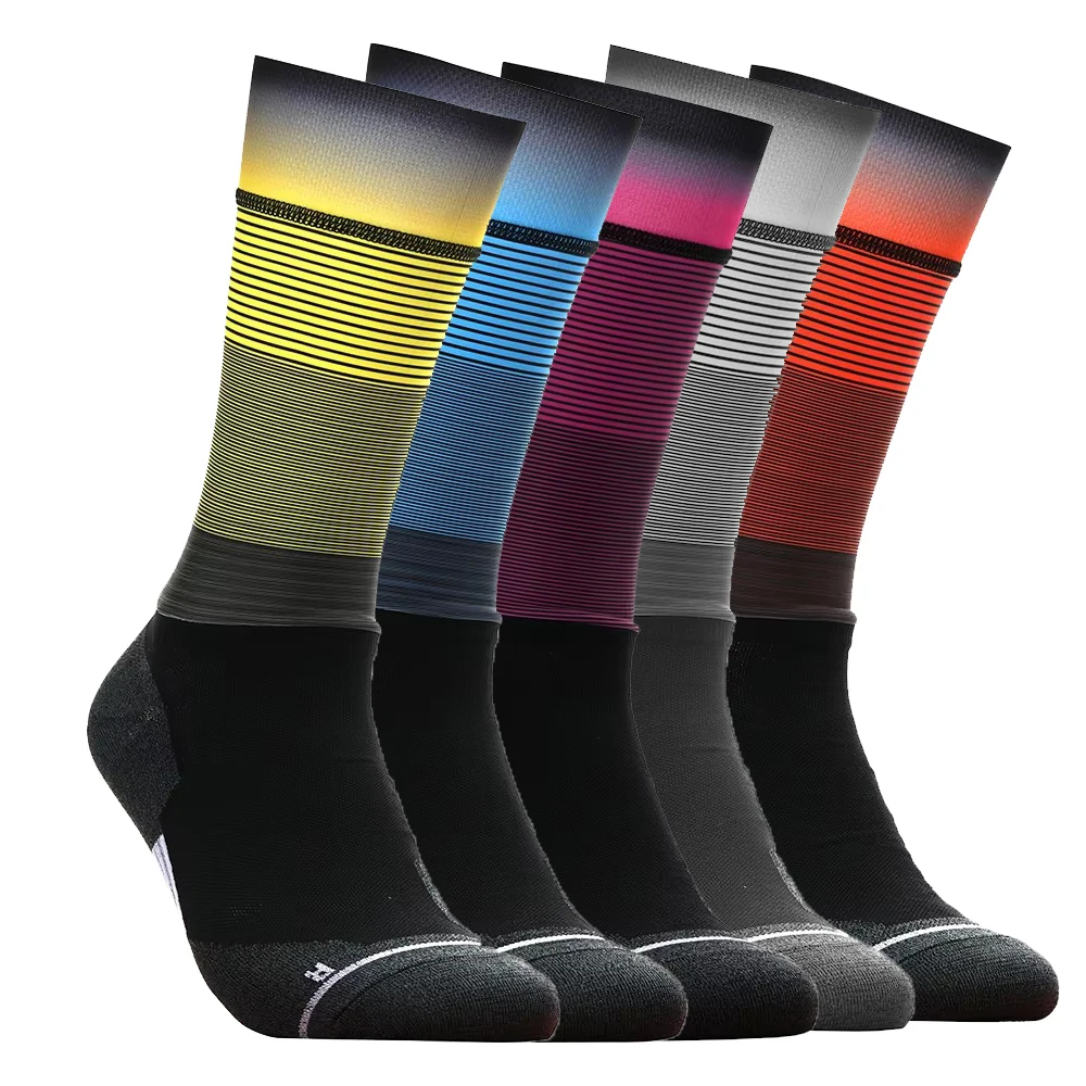 Calcetines de ciclismo degradados: tacón y puntera reforzados con rayas negras/amarillas y grises, calcetines antideslizantes para bicicleta, transpirables, unisex